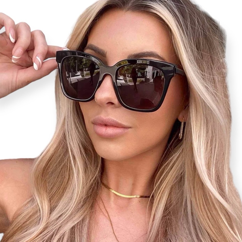 DIFF Hailey Sunglasses Shiny Black Frames Grey Lenses Square NWT